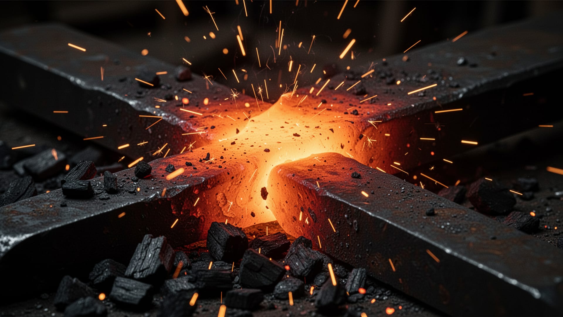 Molten orange light on dark forged steel