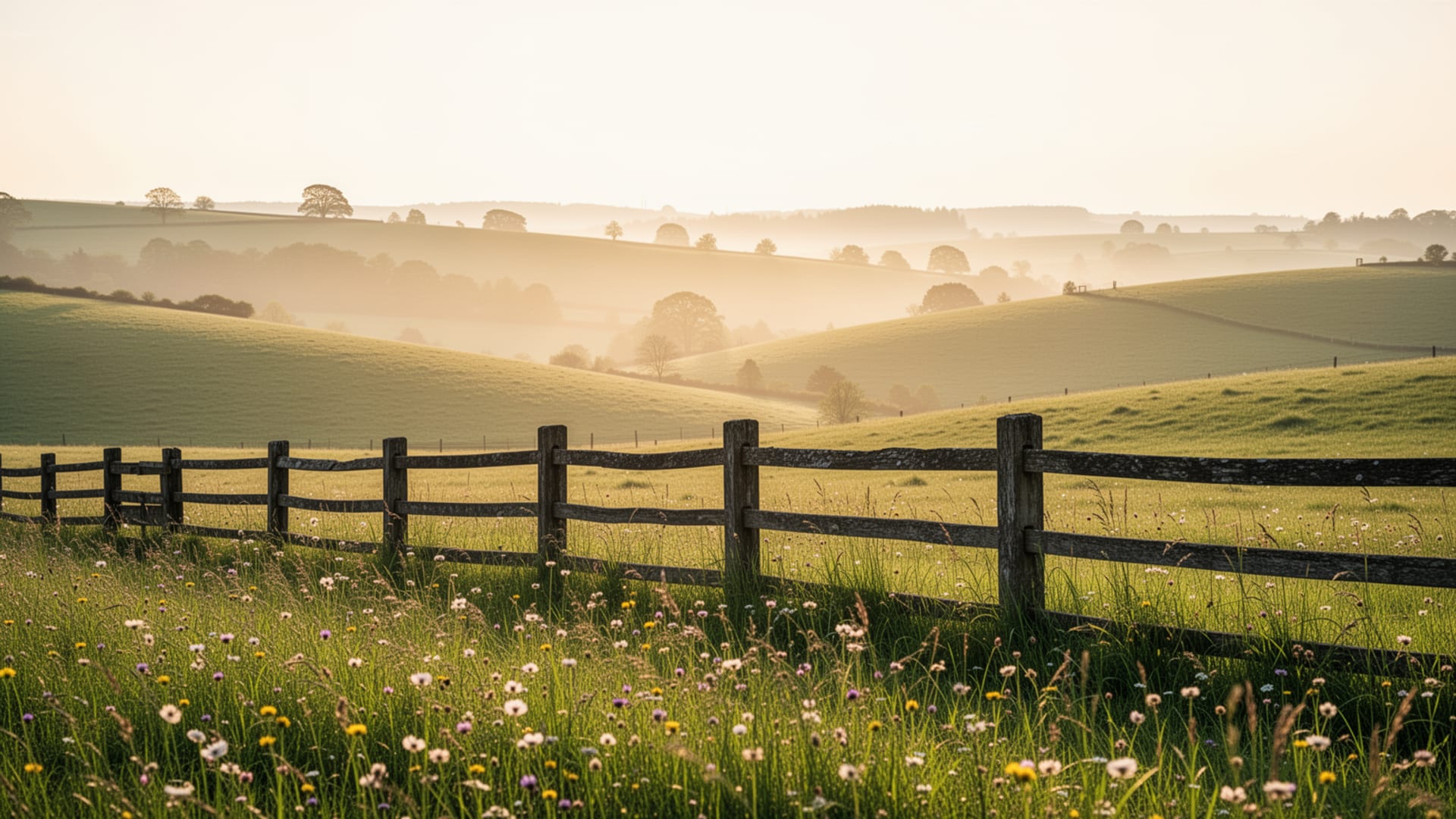 Sunlit green meadow with a wooden fence at golden hour