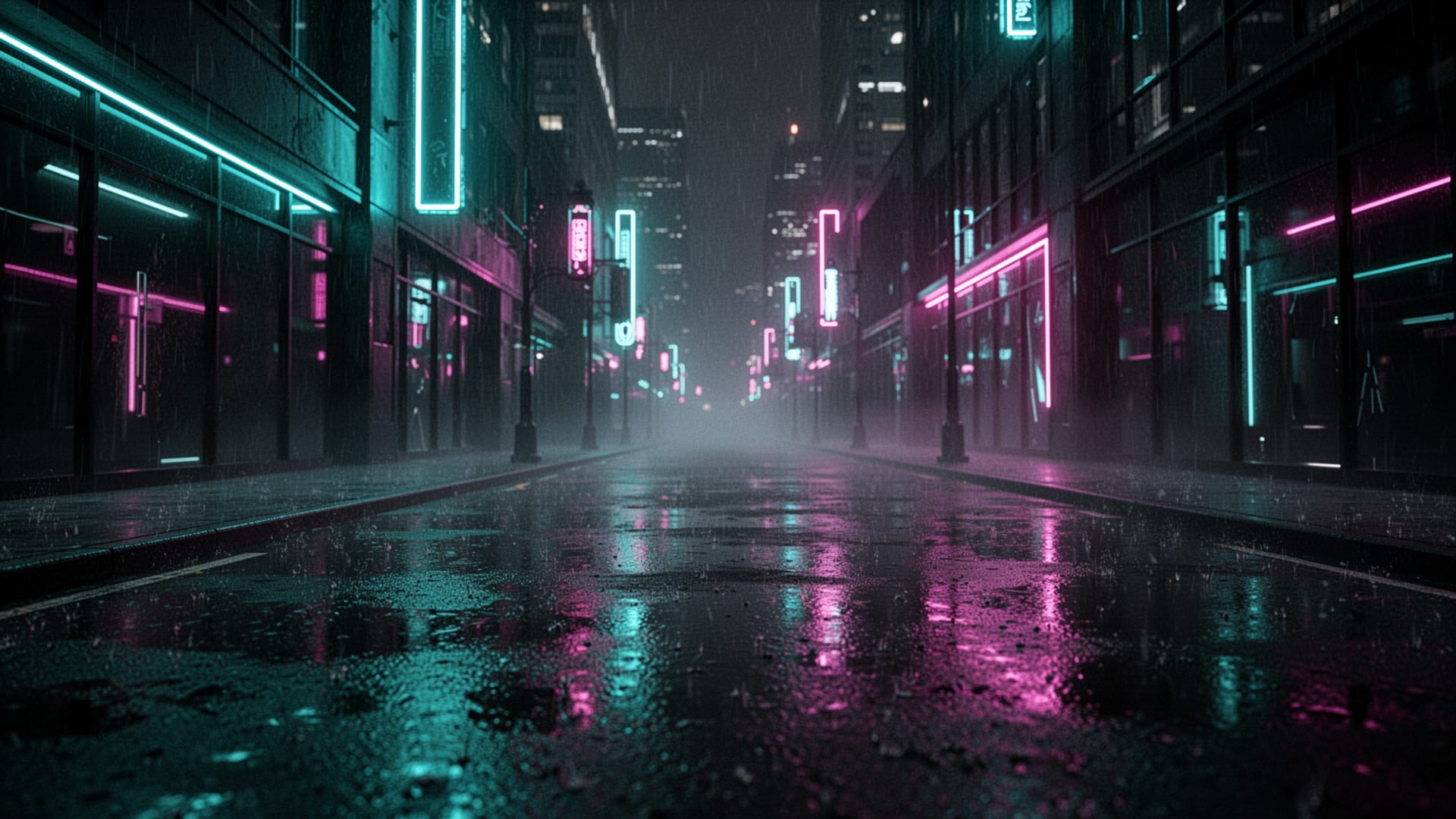 Neon-lit rain-soaked city street at night, cyan and magenta